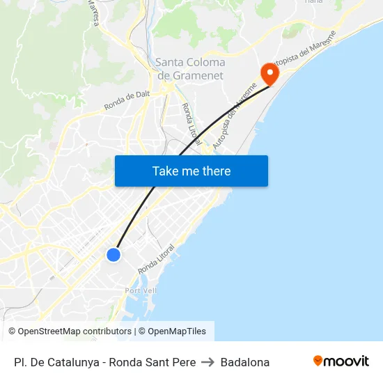 Pl. De Catalunya - Ronda Sant Pere to Badalona map