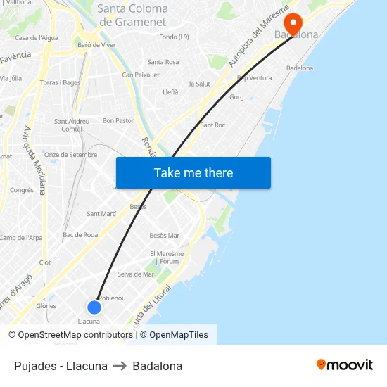 Pujades - Llacuna to Badalona map