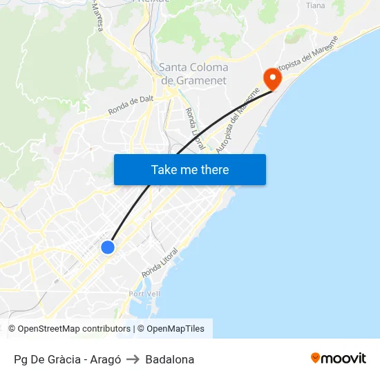 Pg De Gràcia - Aragó to Badalona map