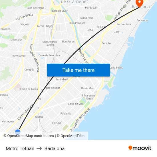 Metro Tetuan to Badalona map