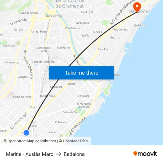 Marina - Ausiàs Marc to Badalona map