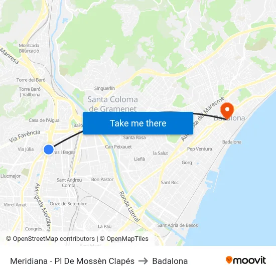 Meridiana - Pl De Mossèn Clapés to Badalona map