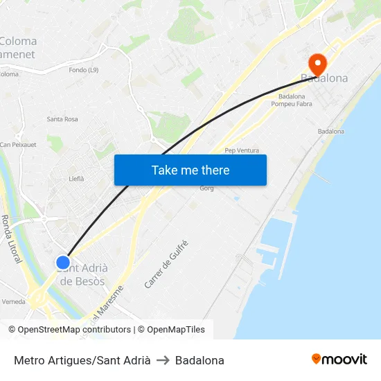Metro Artigues/Sant Adrià to Badalona map