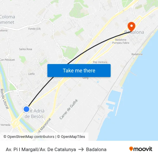 Av. Pi I Margall/Av. De Catalunya to Badalona map