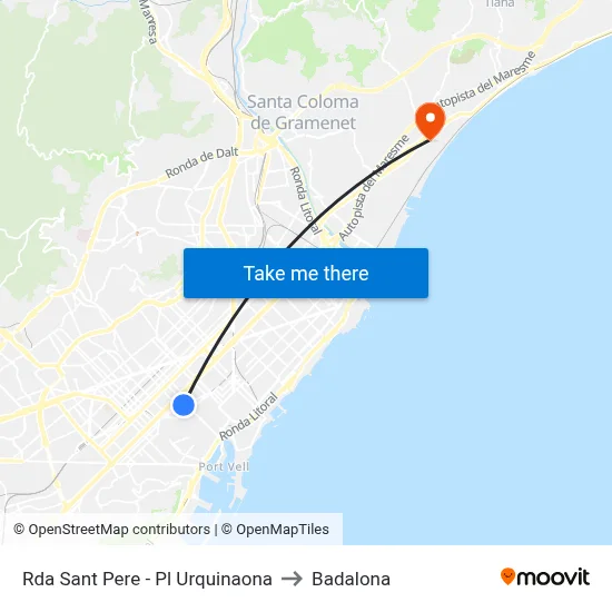 Ronda Sant Pere - Pl Urquinaona to Badalona map
