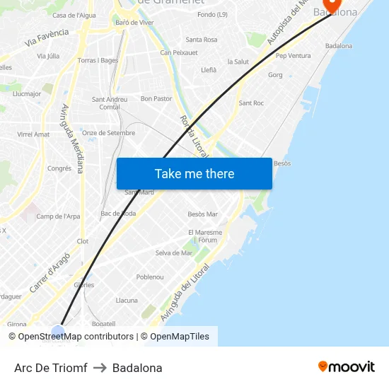 Arc De Triomf to Badalona map