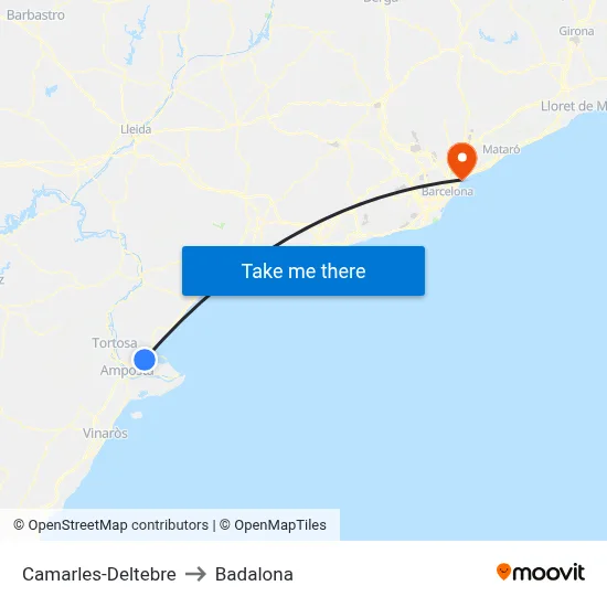 Camarles-Deltebre to Badalona map