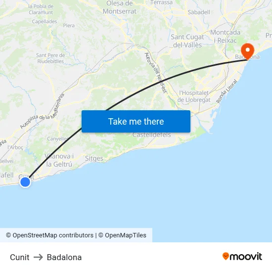 Cunit to Badalona map