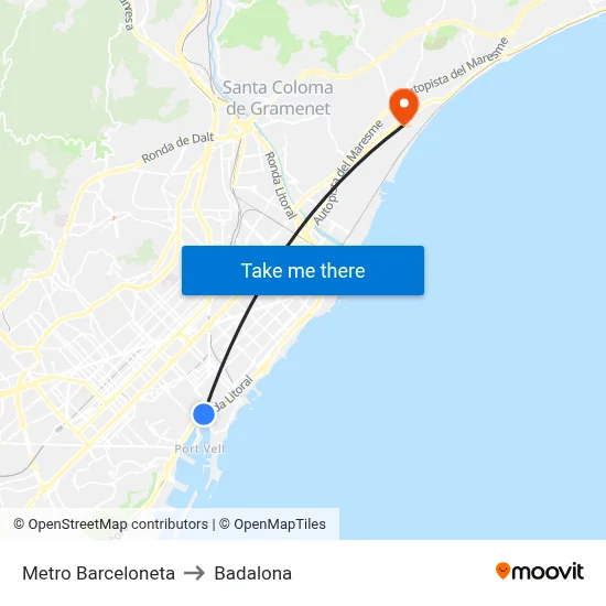 Metro Barceloneta to Badalona map