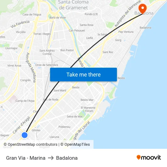 Gran Via - Marina to Badalona map