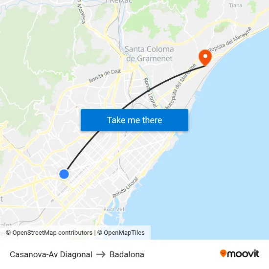 Casanova-Av Diagonal to Badalona map