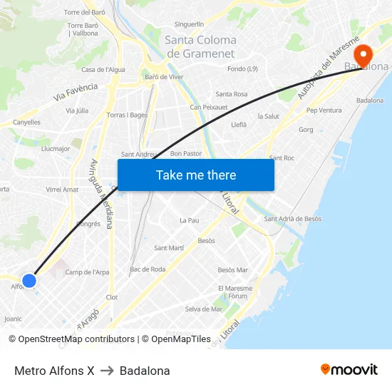 Metro Alfons X to Badalona map