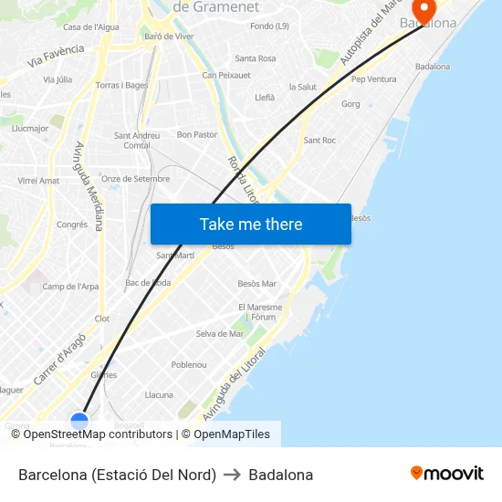 Barcelona (Estació Del Nord) to Badalona map