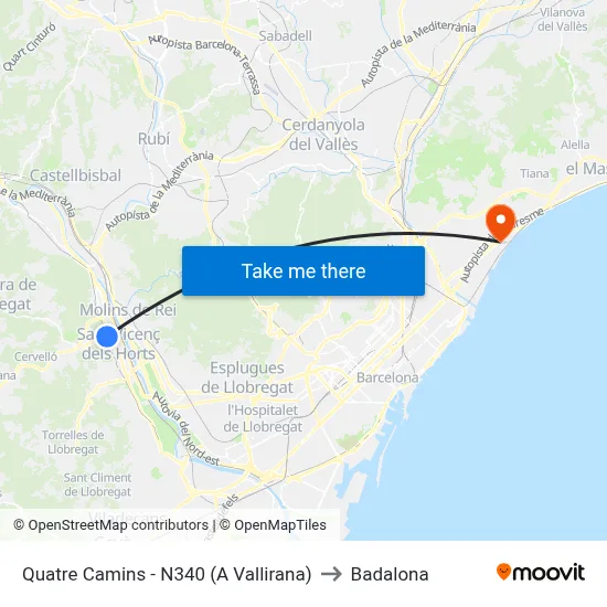 Quatre Camins - N340 (A Vallirana) to Badalona map