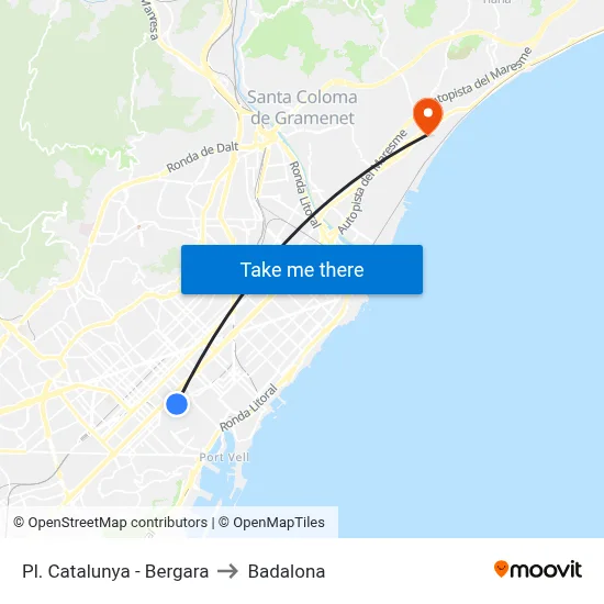 Pl. Catalunya - Bergara to Badalona map