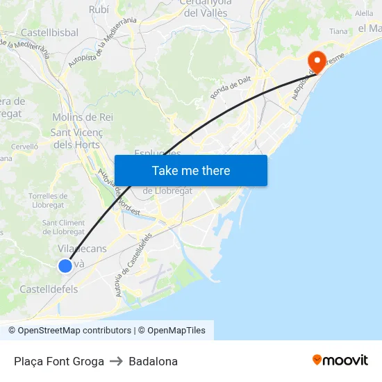 Plaça Font Groga to Badalona map