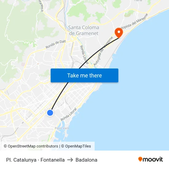 Pl. Catalunya - Fontanella to Badalona map