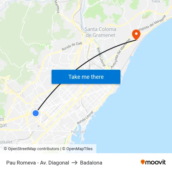 Pau Romeva - Av. Diagonal to Badalona map