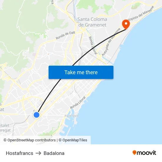 Hostafrancs to Badalona map