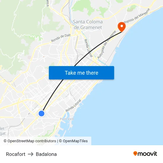 Rocafort to Badalona map