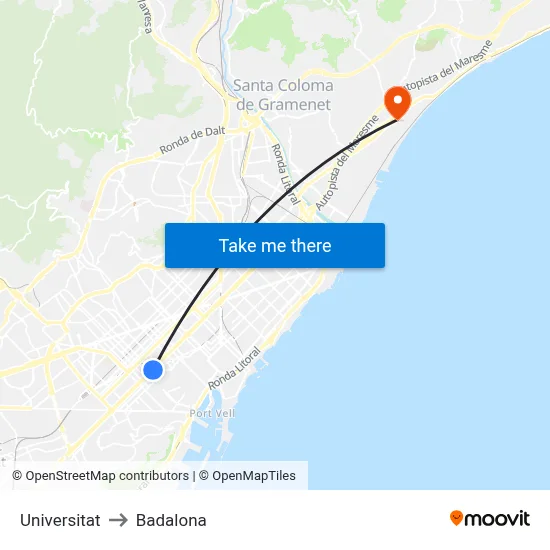 Universitat to Badalona map