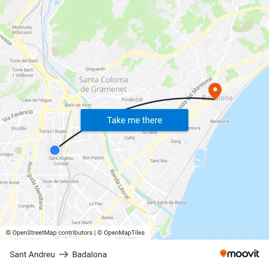 Sant Andreu to Badalona map