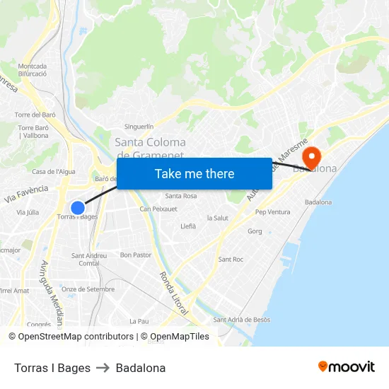 Torras I Bages to Badalona map