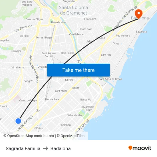 Sagrada Família to Badalona map