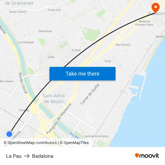 La Pau to Badalona map