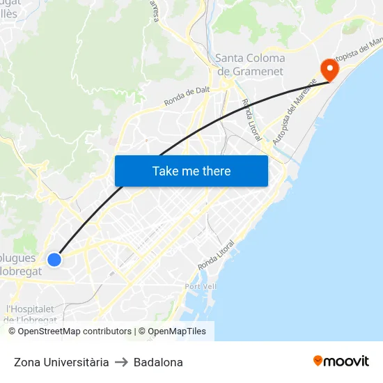 Zona Universitària to Badalona map