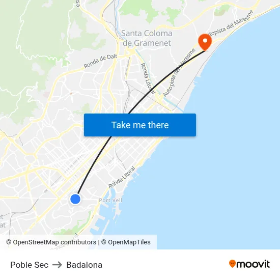 Poble Sec to Badalona map