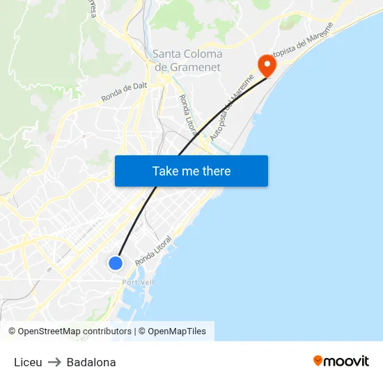 Liceu to Badalona map