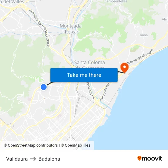 Valldaura to Badalona map