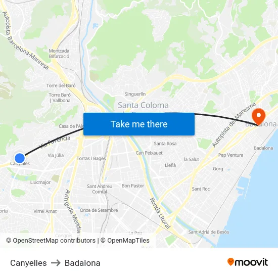 Canyelles to Badalona map