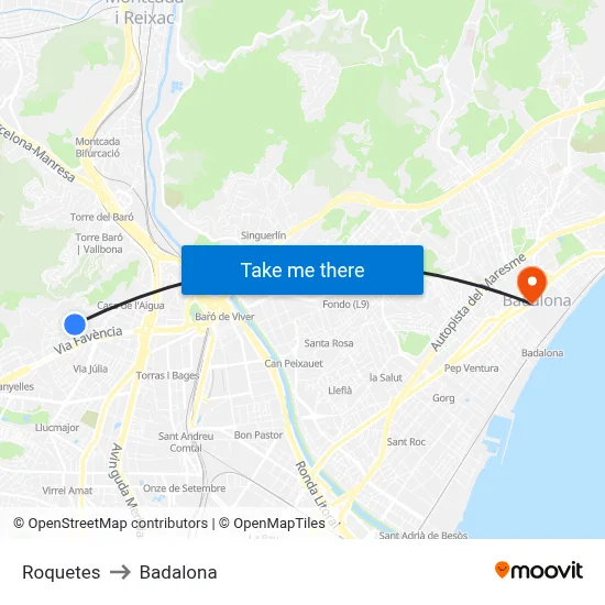 Roquetes to Badalona map