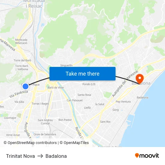 Trinitat Nova to Badalona map