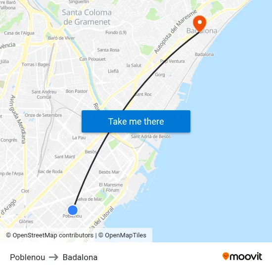 Poblenou to Badalona map