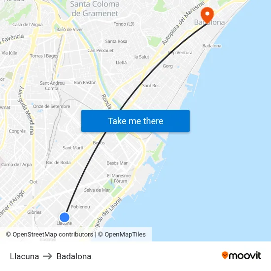 Llacuna to Badalona map