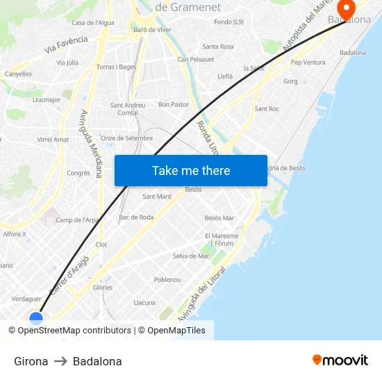 Girona to Badalona map