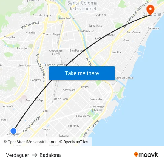 Verdaguer to Badalona map