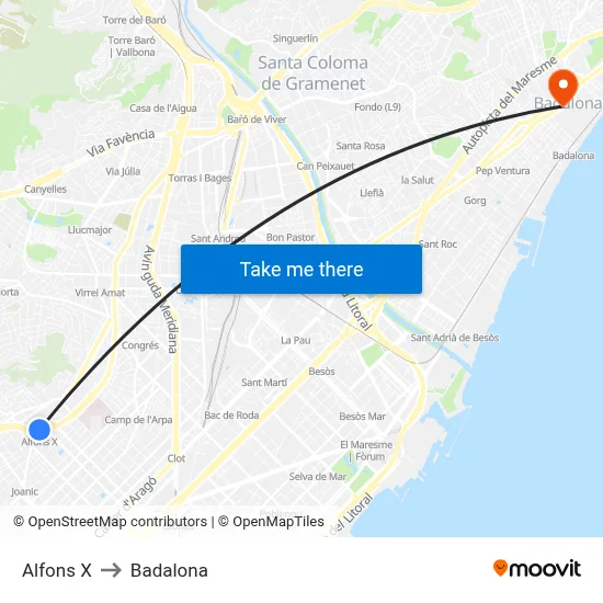 Alfons X to Badalona map