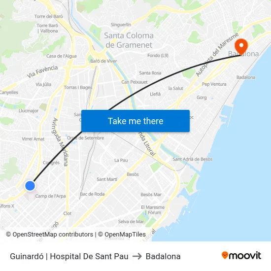 Guinardó | Hospital De Sant Pau to Badalona map