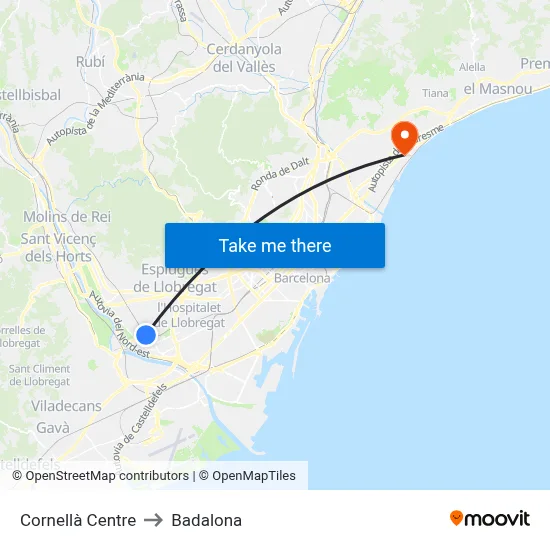 Cornellà Centre to Badalona map