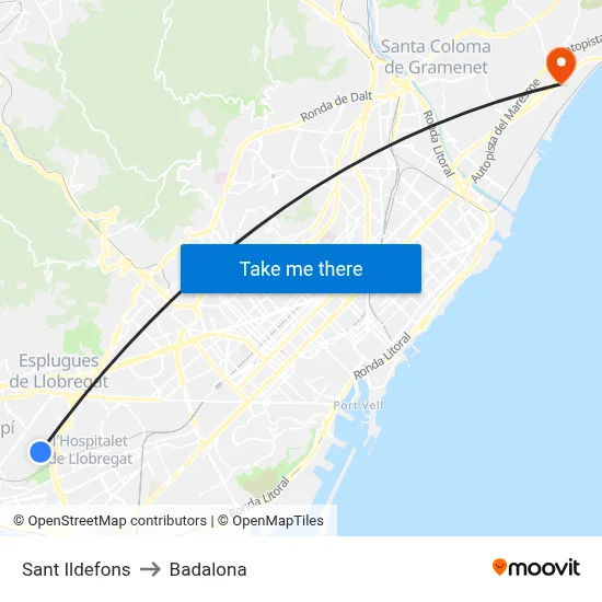 Sant Ildefons to Badalona map