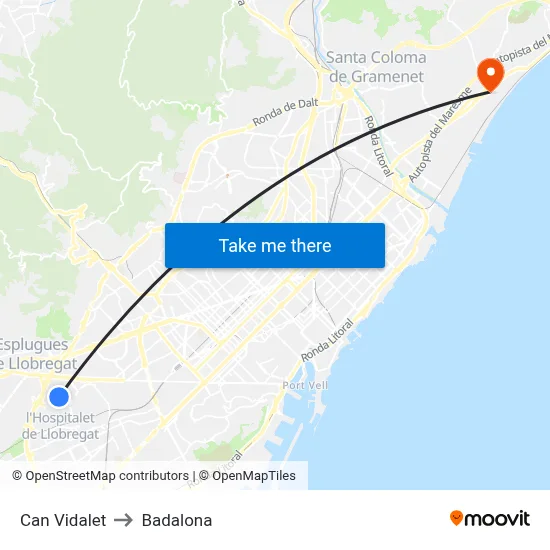 Can Vidalet to Badalona map