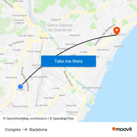 Congrés to Badalona map