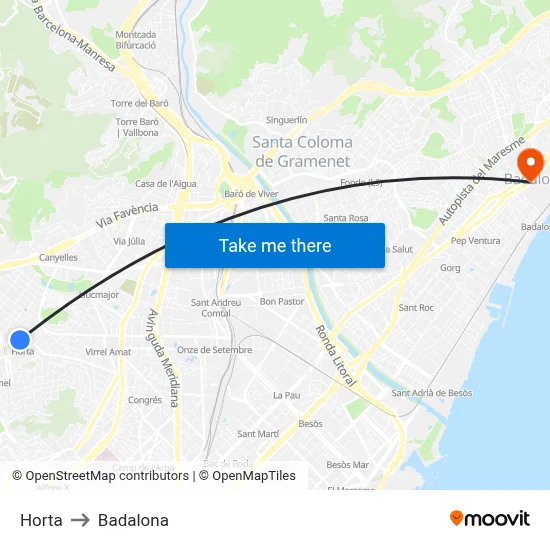 Horta to Badalona map