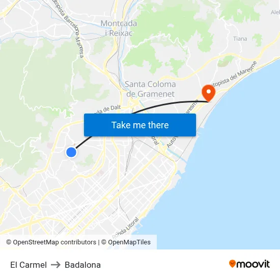 El Carmel to Badalona map