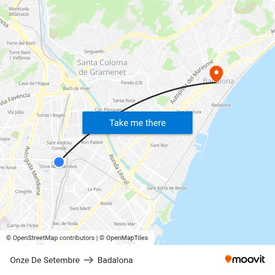 Onze De Setembre to Badalona map