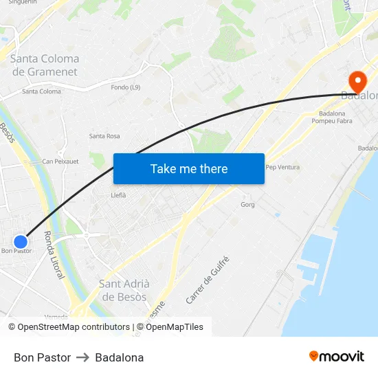 Bon Pastor to Badalona map